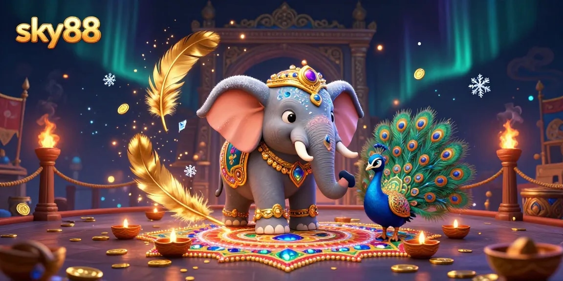Engage with sky88's vibrant gaming world featuring a Diwali-themed elephant amidst dynamic casino elements.