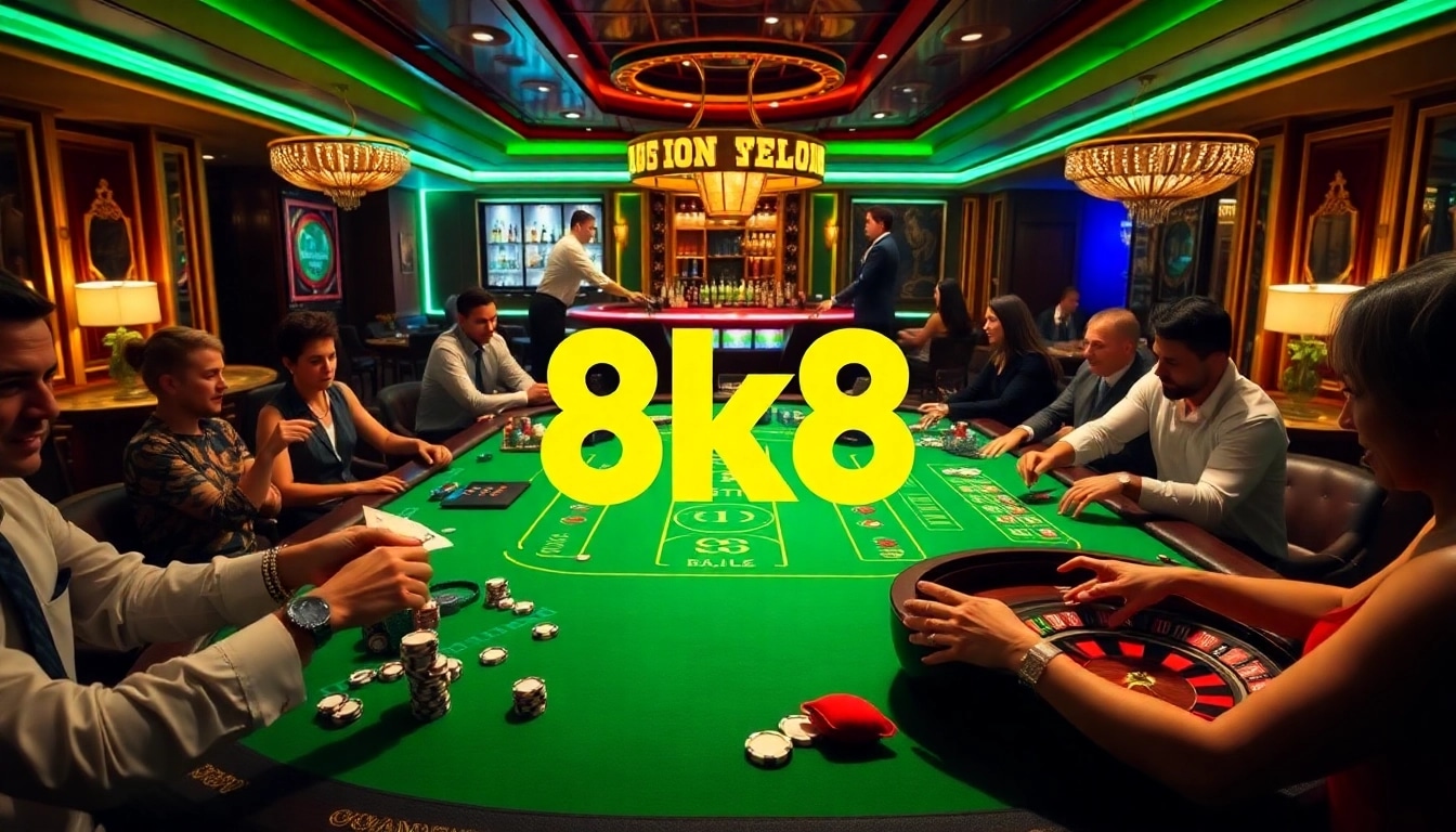 Players engaging in poker and baccarat at the 8k8 casino, showcasing excitement and luxury.