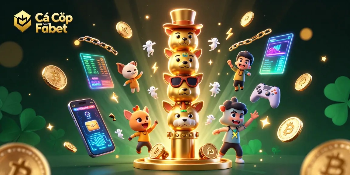 Cá Cược Esports Fabet showcases vibrant esports elements with glowing crypto coins and a dynamic totem.