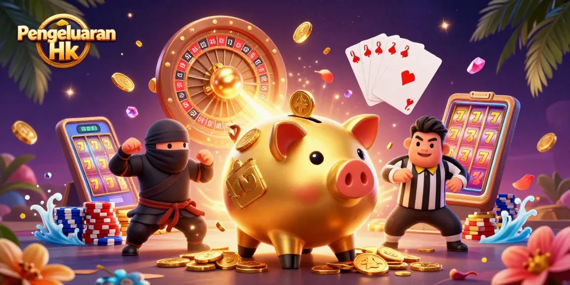 Experience Pengeluaran Hk results live with a vibrant 3D casino-themed illustration showcasing dynamic characters.