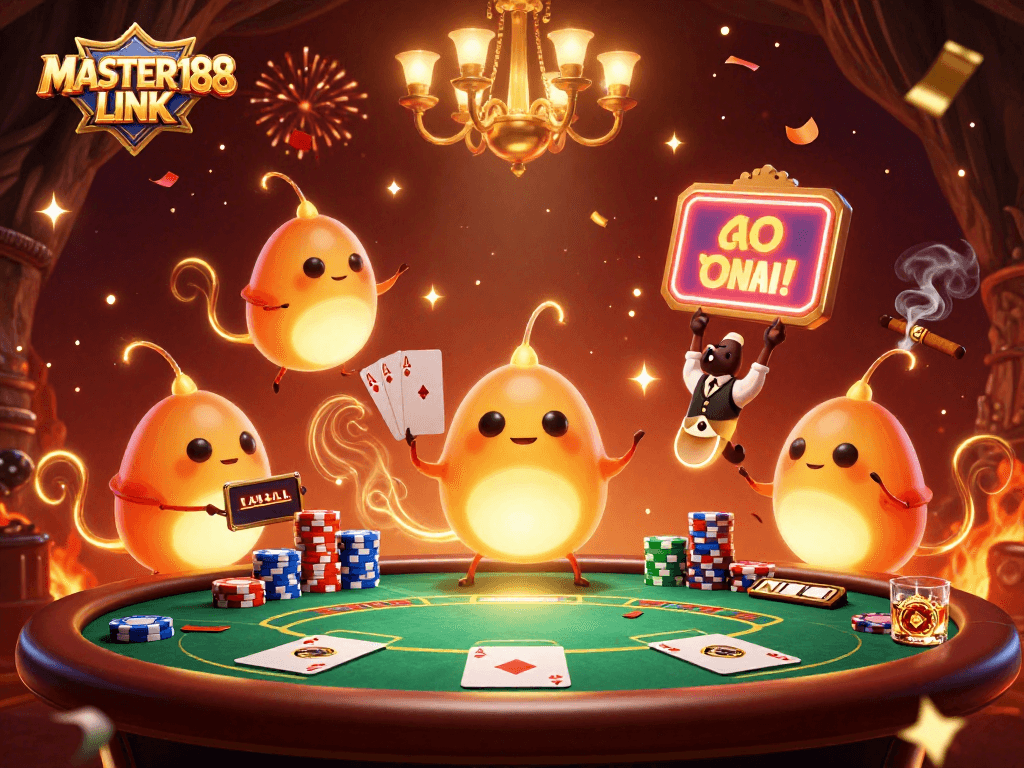 Engage in thrilling games at MASTER188 LINK, illuminated by glowing glowworms and vibrant casino elements.