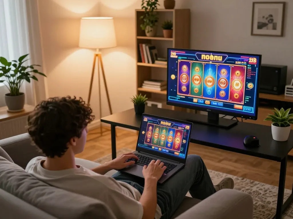 Engaging in exciting gameplay at nohu 28 online casino from a cozy modern living room.