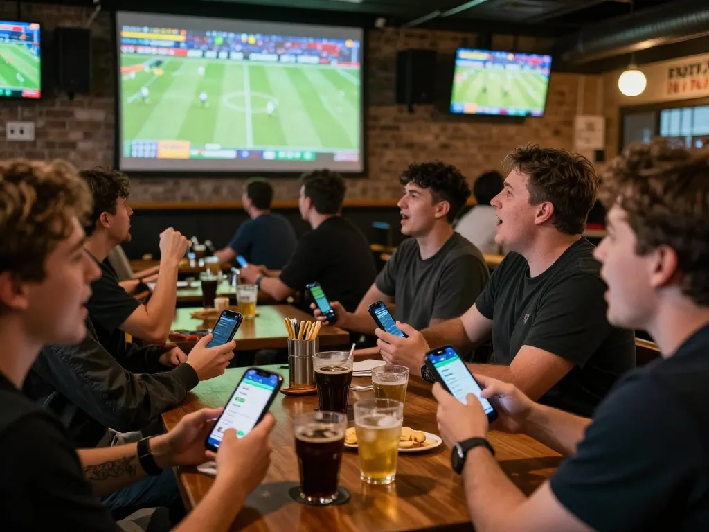 Fans engaging in sports betting excitement at F8bet during a live game.