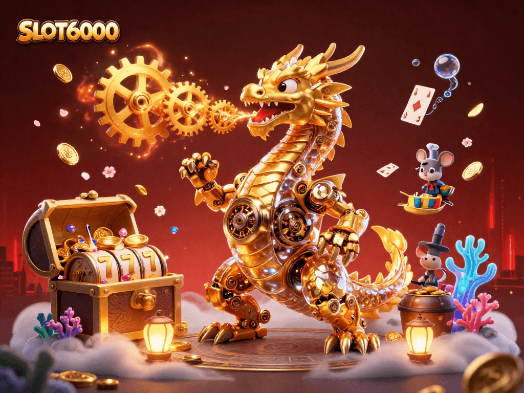 SLOT6000 captivates with a golden dragon breathing gears and treasure amidst vibrant gaming elements.