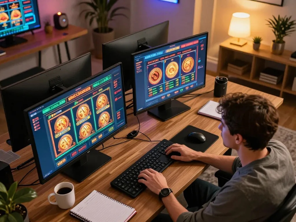 Player engaging with slot gacor on multiple screens, showcasing strategic online gaming setup for responsible gambling.