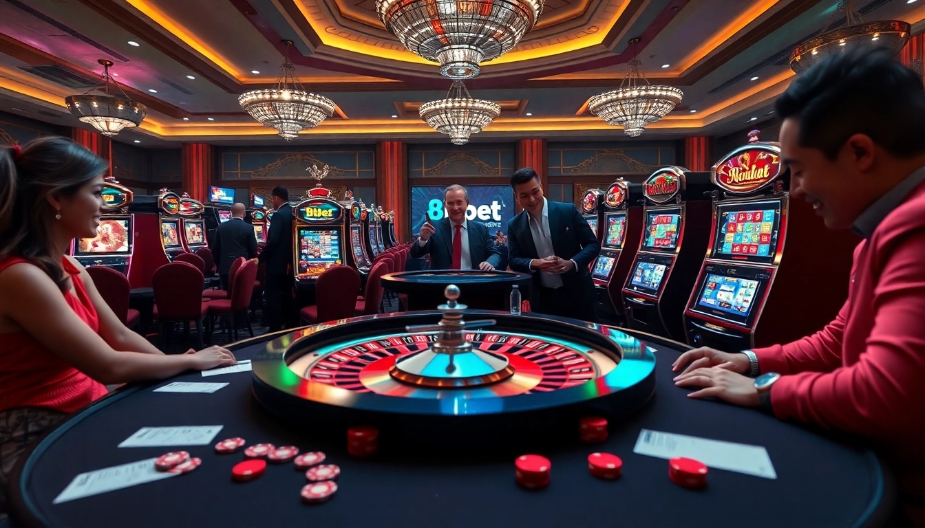 Players enjoying the excitement of casino games at 8kbet, featuring roulette and slot machines.
