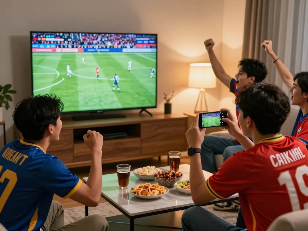Friends enjoying a thrilling football match at cakhiatvz.live, showcasing camaraderie and excitement in a cozy living room setting.