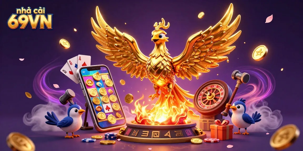 Experience the thrill at nhà cái 69VN with a dynamic golden phoenix and vibrant casino elements.