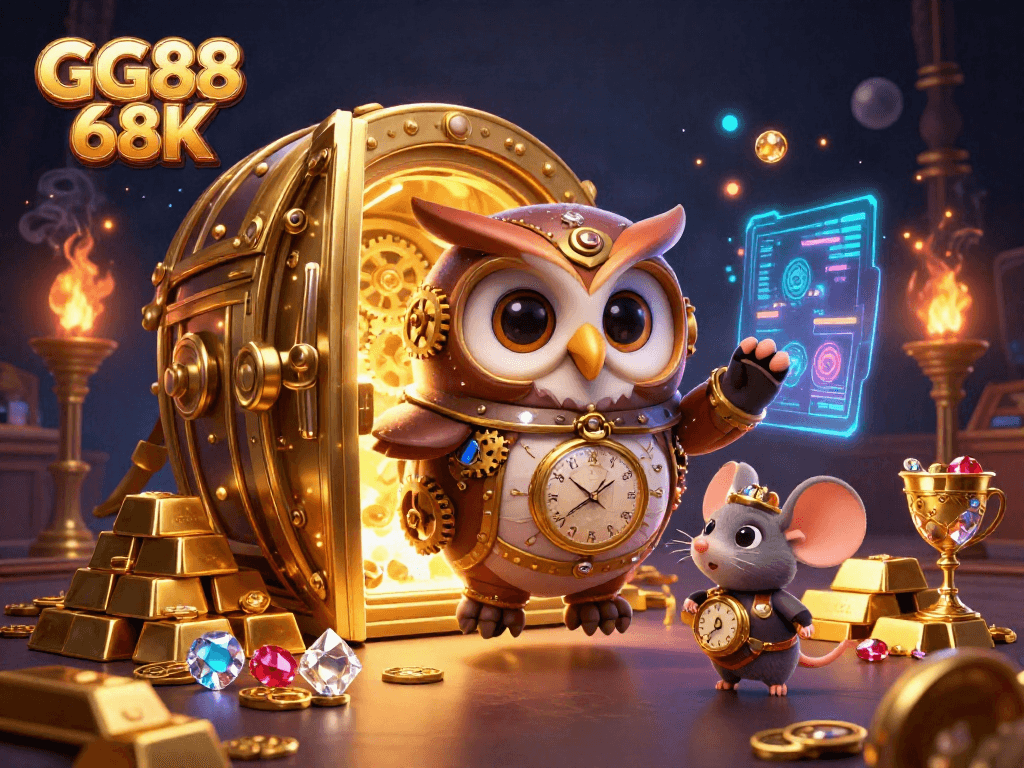 Engage with GG88 68K through dynamic 3D casino elements highlighted by golden treasures and whimsical characters.