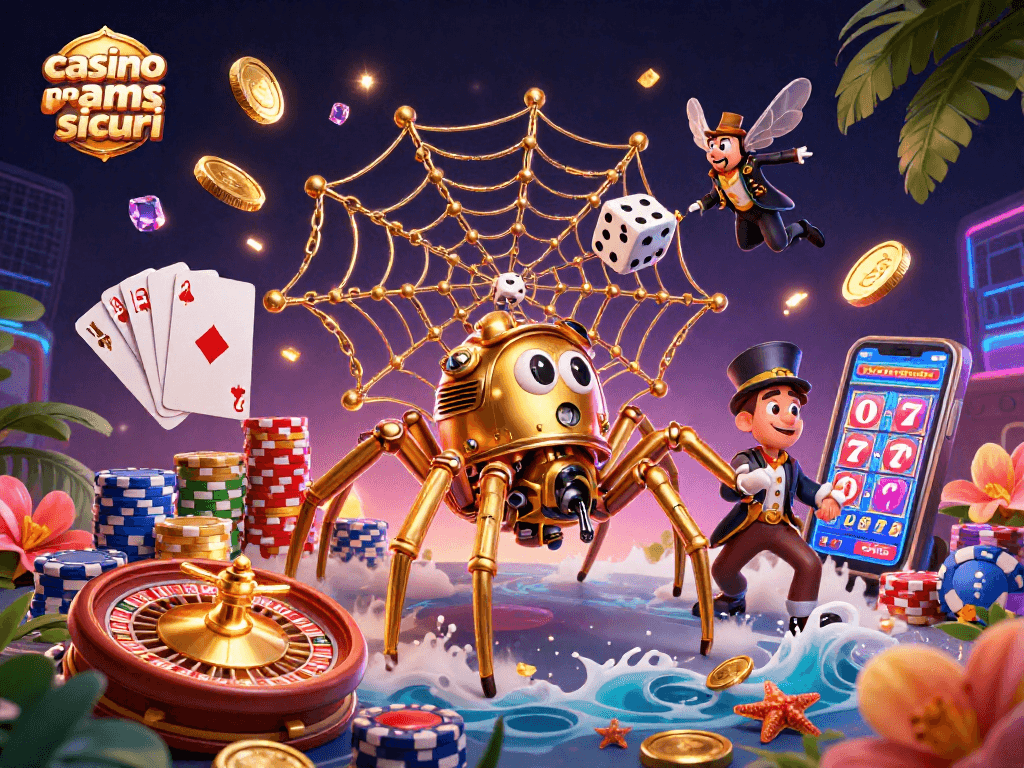 Gioca ai migliori casinò non AAMS sicuri con un ragno dorato che cattura dadi fortunati e carte vincenti.
