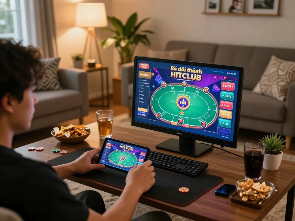 Engaging in game bài đổi thưởng HITCLUB on a mobile app in a cozy home setup with snacks and drinks