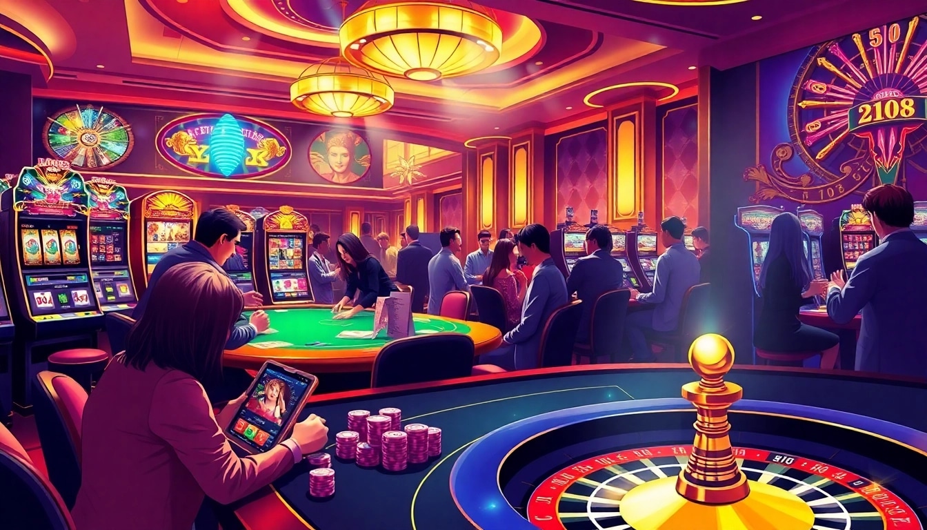 Experience thrilling action at Nhà cái uy tín F168 with players enjoying poker and slot games in a luxurious casino setting.