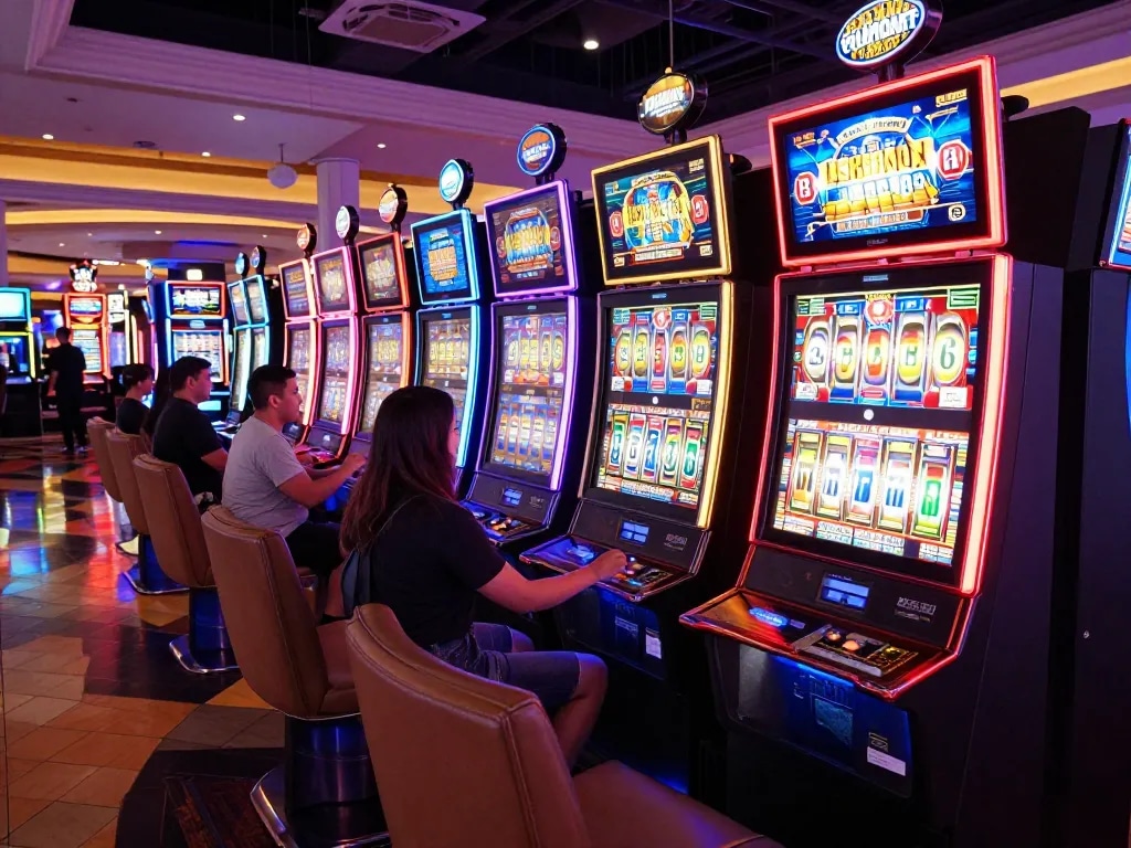 Players enjoying vibrant slot machines at 789 casino, surrounded by flashing lights and excitement.