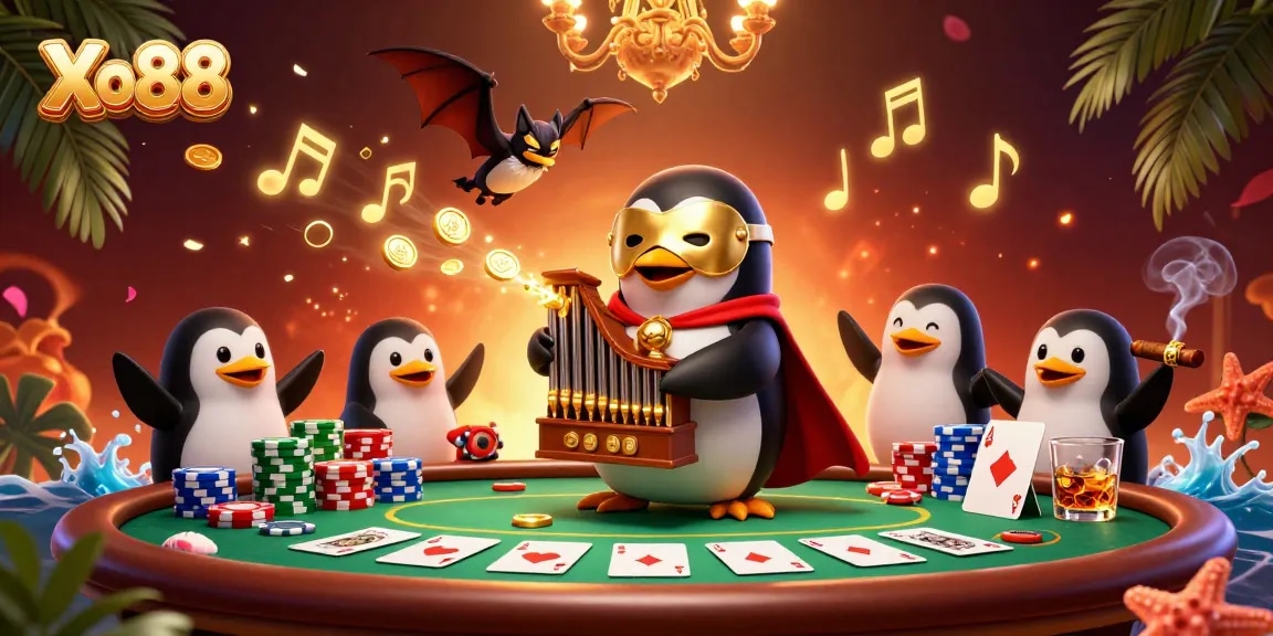 Xo88 showcases a vibrant casino scene with a phantom penguin amidst golden coins and poker elements.