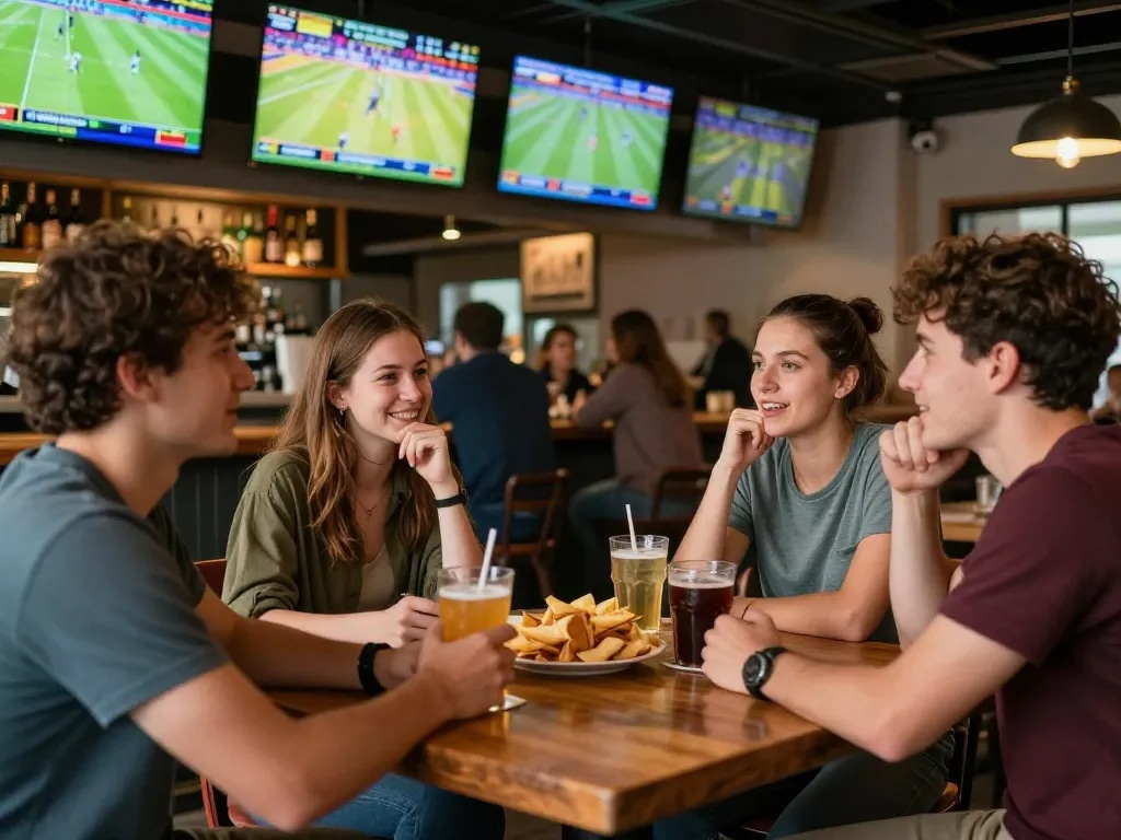 Friends engaging in dynamic sports betting at mb66-t, enjoying live games in a vibrant bar.