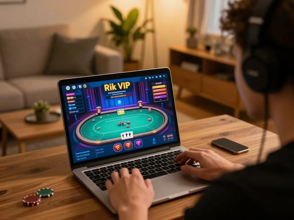 Gamer enjoying poker action on Rik VIP's platform showcasing strategic gameplay in a cozy setting.