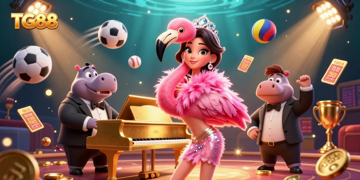 Engage with the exciting TG88 casino atmosphere through a vibrant digital illustration featuring dynamic characters and gaming elements.