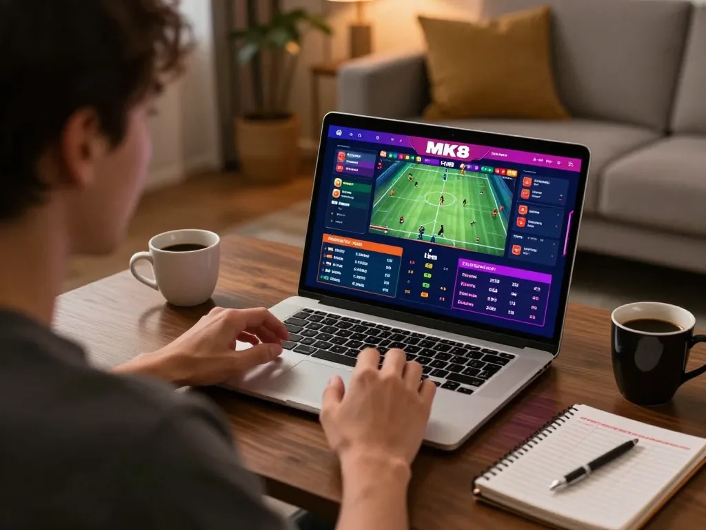 Person engaged in sports betting on MK8 app at home, analyzing odds with strategy notes.