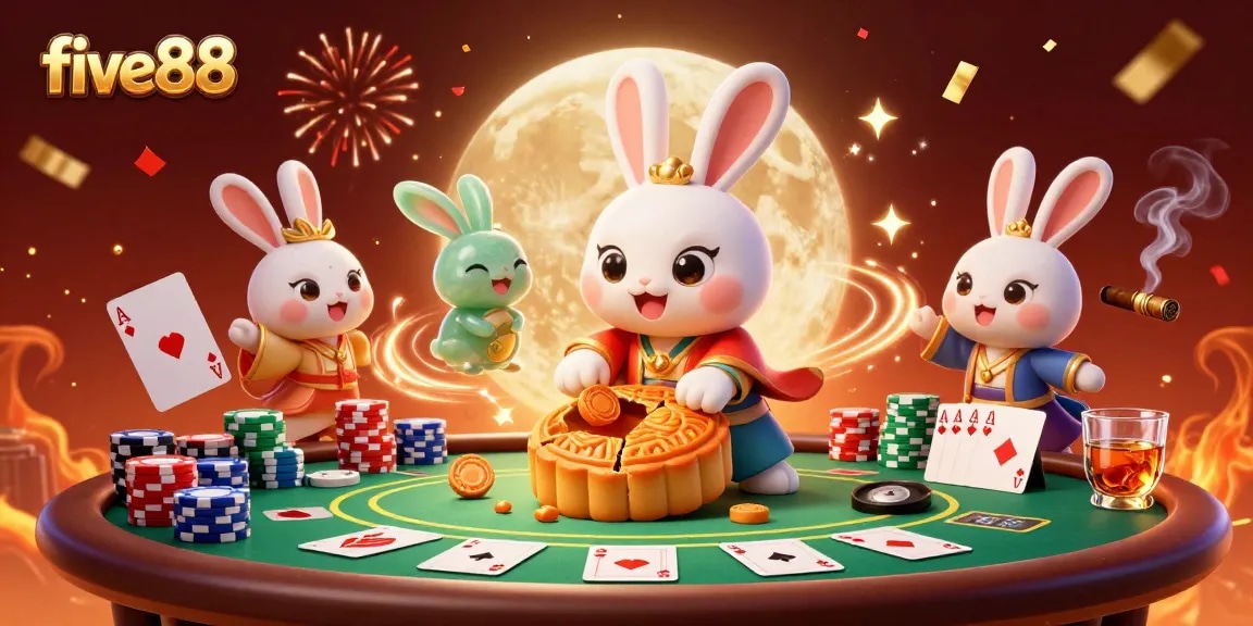 Experience the thrill of five88 with an enchanting illustration of a rabbit revealing poker chips.