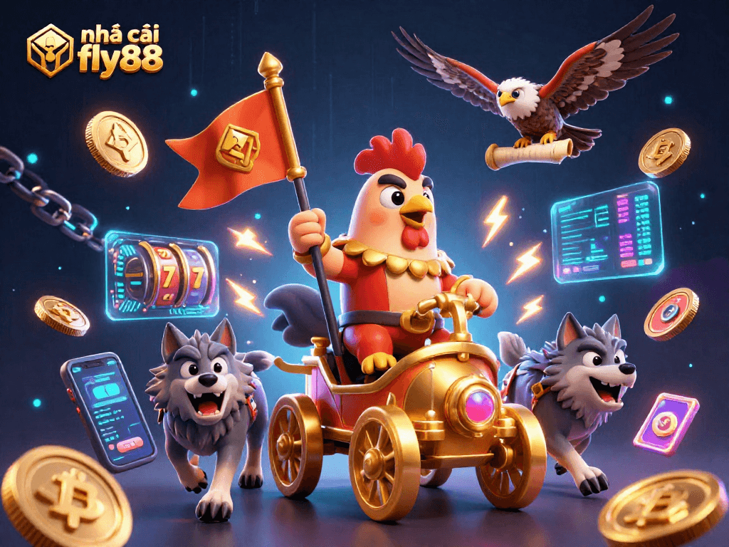 Engage with nhà cái fly88 at an exciting casino scene featuring a rooster warlord and crypto elements.