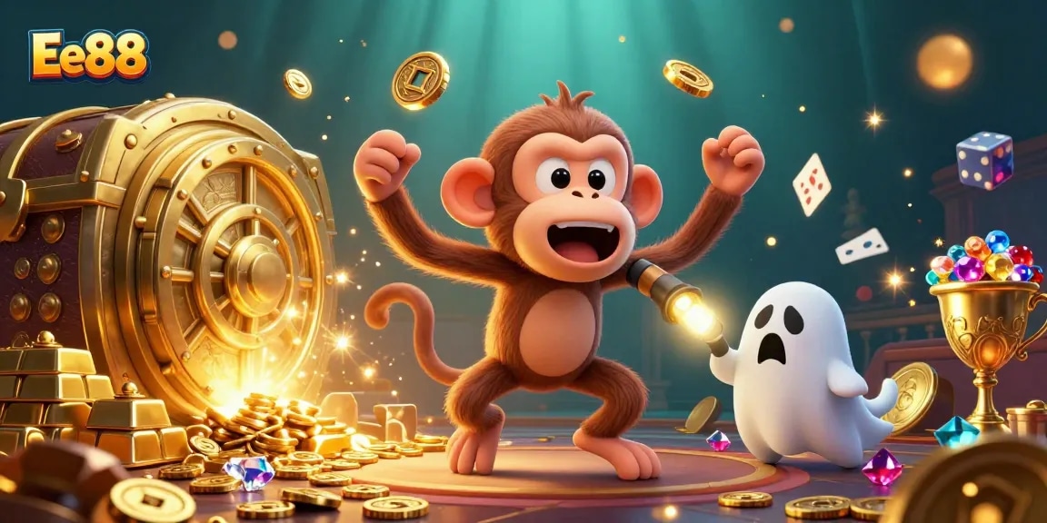 Experience Ee88's thrilling casino action with a mischievous monkey and ghost-hunter puppy in a vibrant 3D scene.