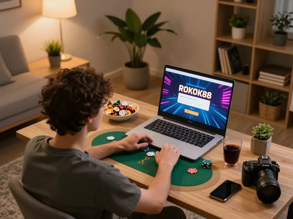 Login to rokok88 and enjoy online poker in a cozy home setting, with snacks and vibrant graphics.