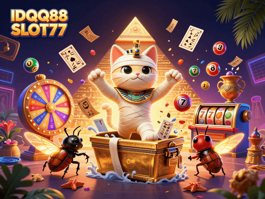 IDQQ88 SLOT77 brings excitement to life with a vibrant pyramid casino scene full of dynamic gaming elements.