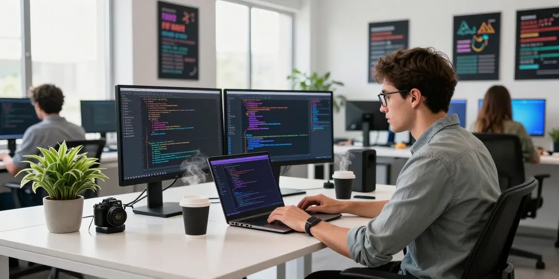 Focused software engineer coding at the WPS Official Website workspace, showcasing a modern tech setup with dual monitors.