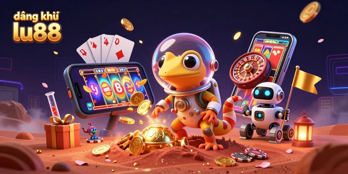 Experience đăng ký lu88 as a Martian gecko celebrates winnings in a golden casino scene.