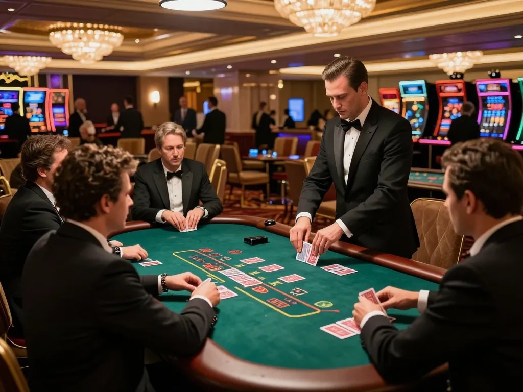 FLY88 invites you to engage in high-stakes blackjack at an upscale casino table.