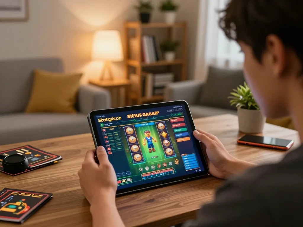 Engaging in situs slot gacor gameplay on tablet in a cozy living room setting