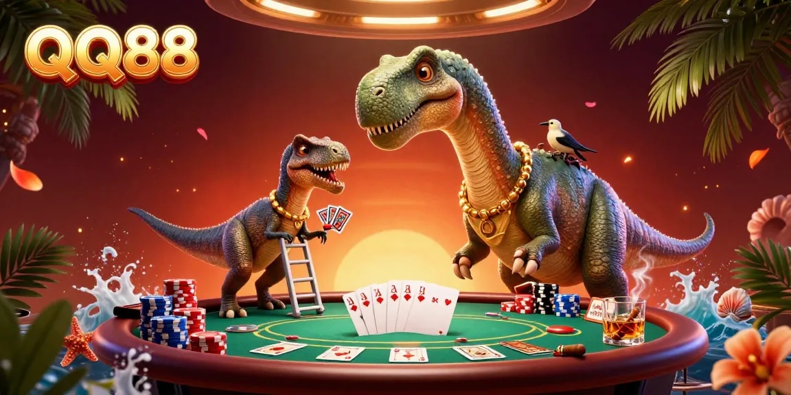 Experience thrilling poker action with QQ88, where a massive brontosaurus looms over the table.
