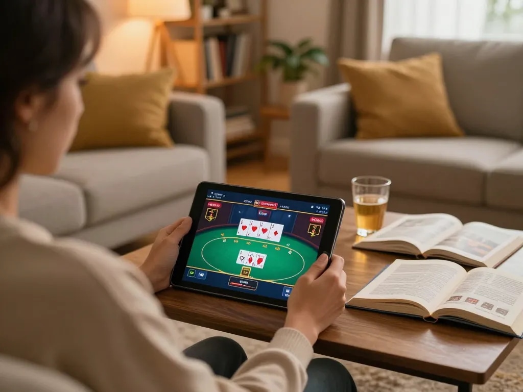 CM88 COM player engaging in online poker gaming from their cozy living room environment.