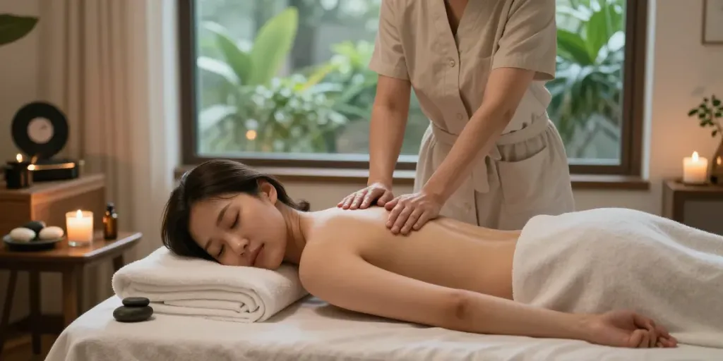 Relaxation during 성북구출장안마 at a stylish home spa, featuring a woman receiving massage with candles and natural light.