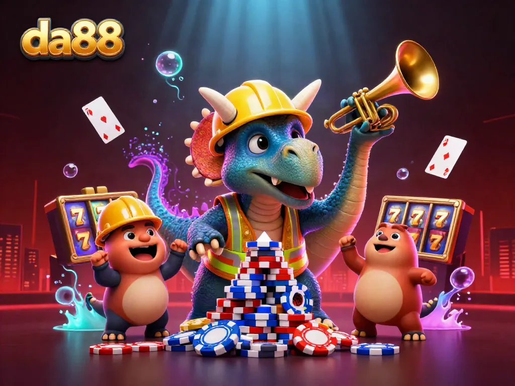 Engage with da88's thrilling casino games featuring a dynamic scene of characters celebrating with poker chips and floating playing cards.