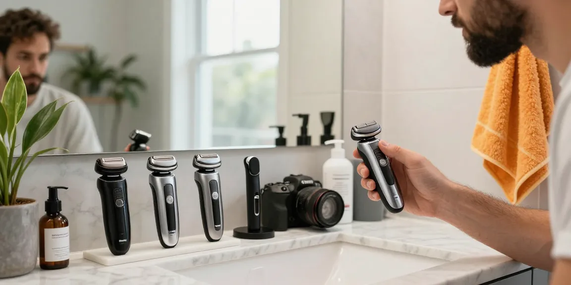 Grooming with rokok88 electric shavers in a stylish bathroom.