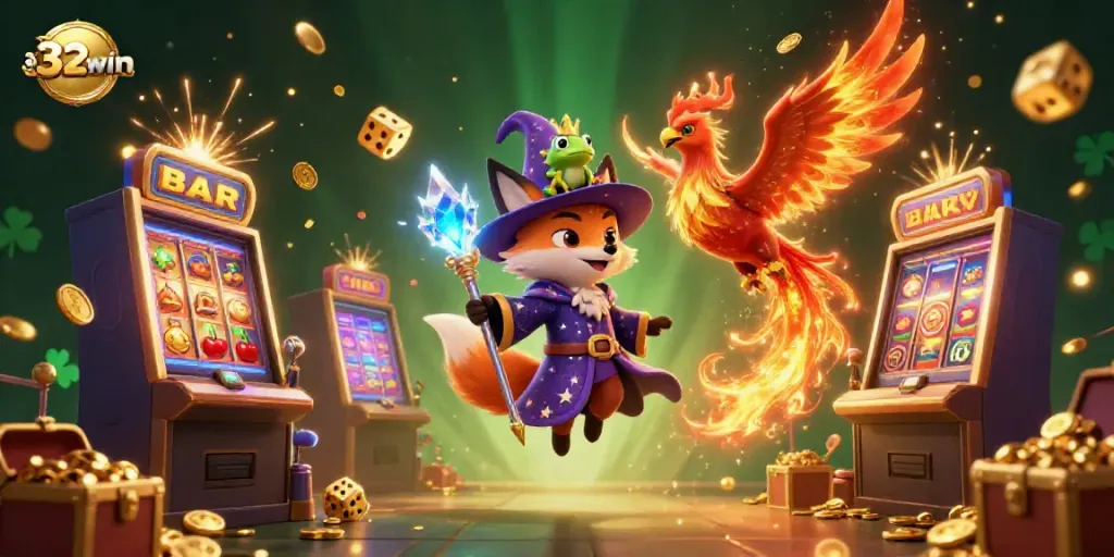 Experience thrilling wins with the 32win mystical illustration depicting a wizard fox and casino elements.