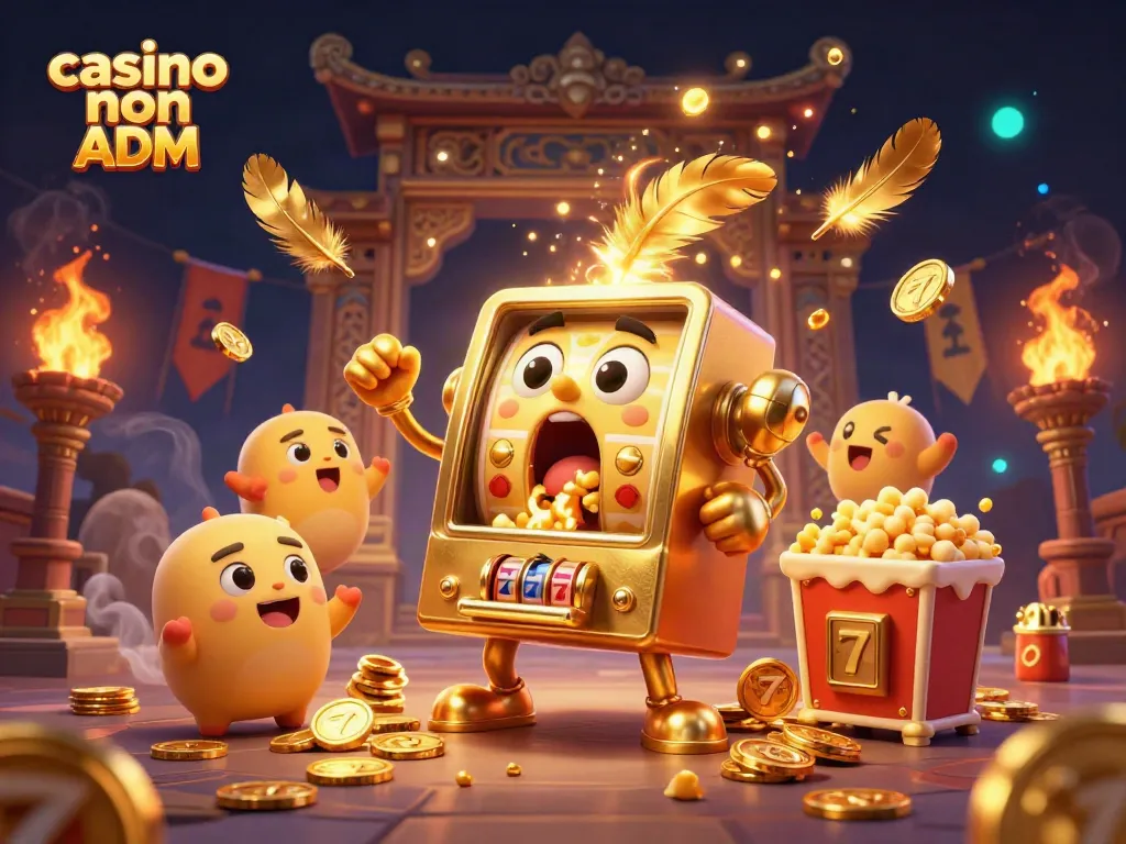 Gioca nei migliori casino non ADM mentre una slot machine d'oro celebra la sua vincita con gettoni d'oro che fluttuano.