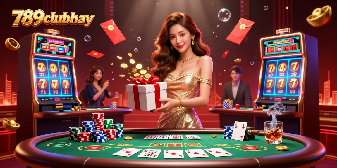 Win with 789clubhay in a dynamic casino scene featuring festive Lunar New Year decorations and slot elements.