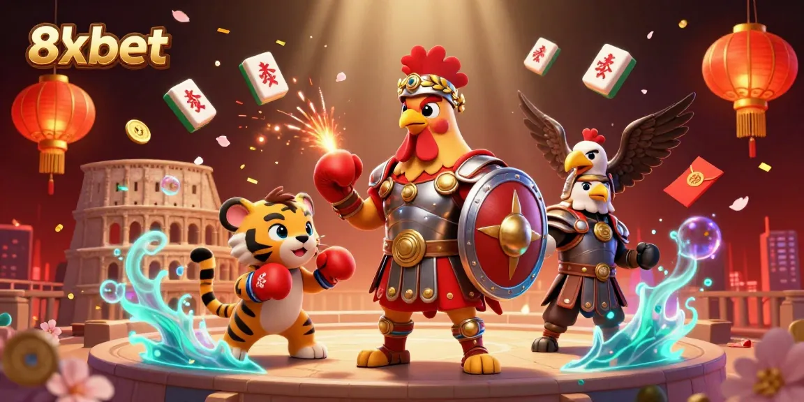 Engage with the thrilling 8xbet experience, featuring a gladiator rooster in a dynamic casino scene.
