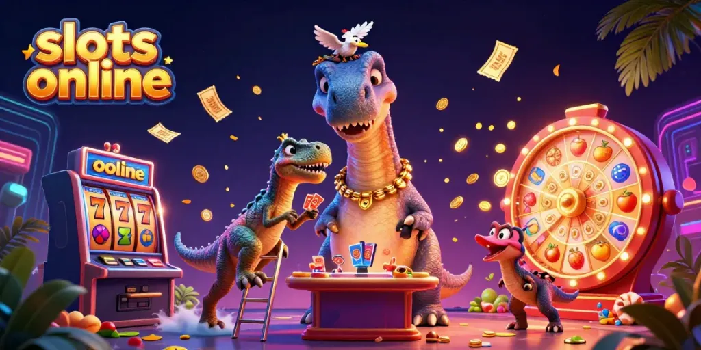 Experience the excitement of slots online with a playful cartoon brontosaurus and clever raptor in a dynamic casino scene.