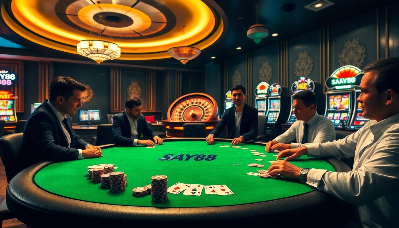 The excitement at SAY88 casino with poker tables, roulette wheels, and slot machines showcasing luxury gaming experience.