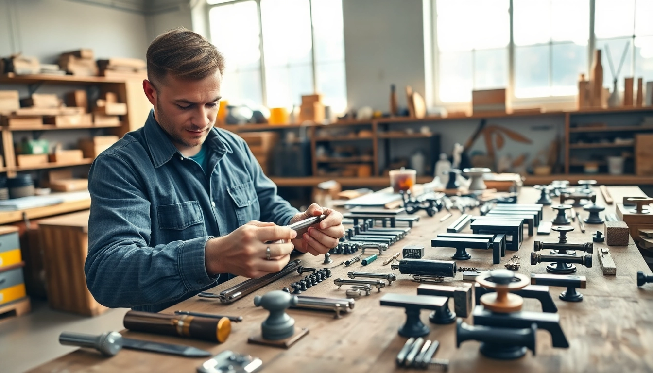 Crafting components by furniture hardware manufacturers in a bright, professional workshop.
