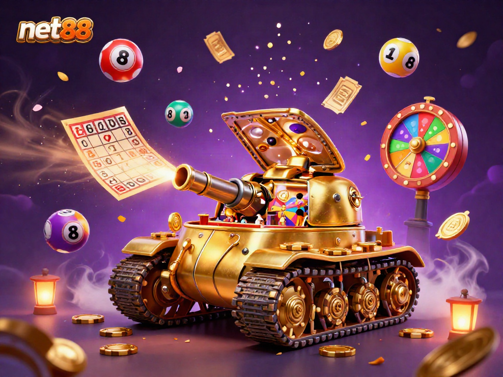 Engage with net88 in this vibrant casino-themed 3D illustration showcasing dynamic game elements and lively scenes.