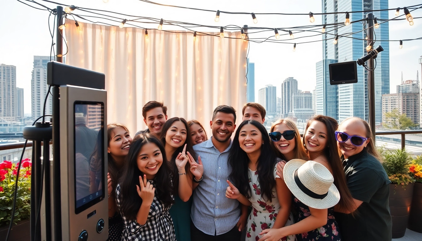 Photo booth rental chicago at a lively event, capturing memories with friends in a vibrant setting.