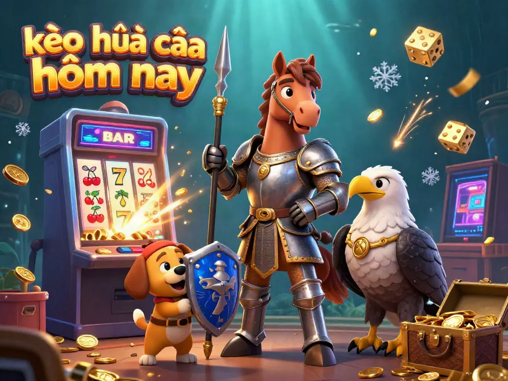 Engage with kèo nhà cái hôm nay in this dazzling 3D casino scene featuring a knight, squire puppy, and falcon.