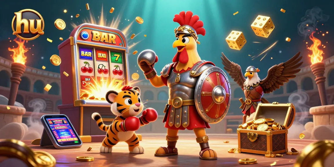 Experience exhilarating casino moments with hu, showcasing a gladiator rooster and vibrant slot machine.