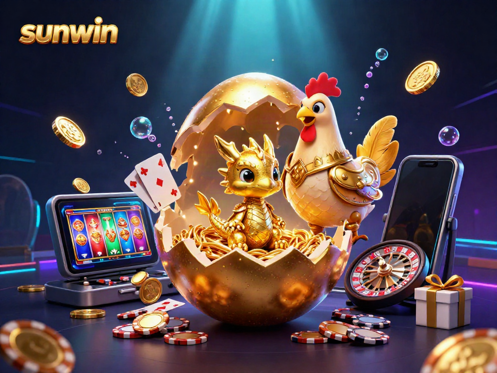 Engage with the exciting sunwin online gaming world featuring a golden dragon amidst dynamic casino elements.