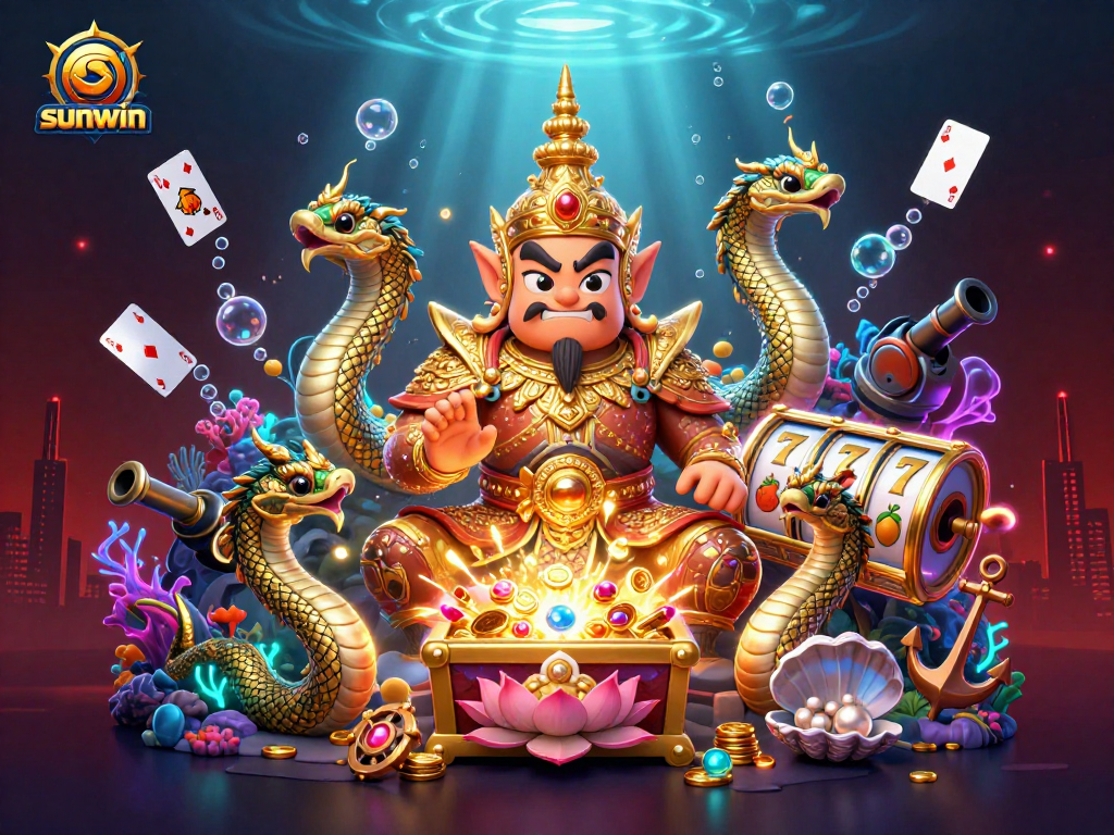 Experience exciting slots and treasures with sunwin in this vibrant casino-inspired illustration.