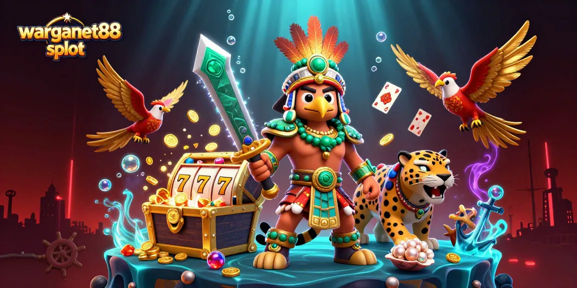 Spin the warganet88 slot reels with vibrant Aztec warriors and riches in this dynamic casino scene.
